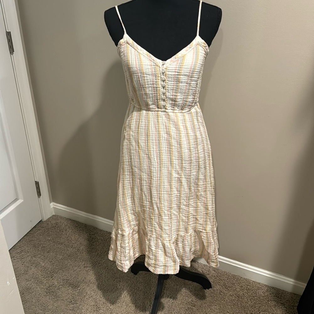 AERIE Button Down V-Neck Adjustable Strap Cotton Striped Dress SZ SMALL